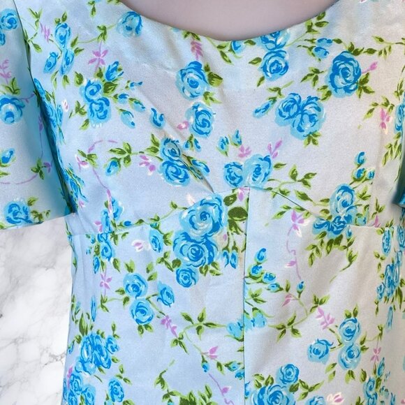 Handmade Vintage Baby Blue Rose Print Floral Prairie Empire Waist Dress - Picture 2 of 12